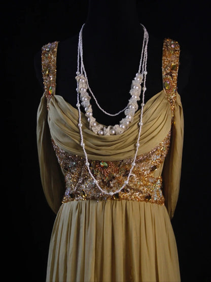 Vintage A line Cowl Neck Chiffon 80s With Beadings Bodice Long Prom Dresses Inspo Birthday Outfit Formal Dress For Women AS479