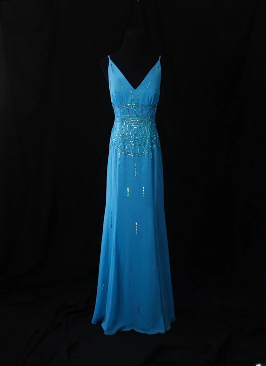 Robe de bal vintage sirène en mousseline bleu roi, col en V, style années 90, ornée de perles. Inspiration pour une tenue de soirée pour un 19e anniversaire (AS483).