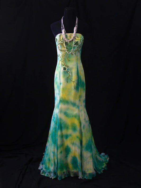 Retro 80s Mermaid Strapless Floral Green Chiffon With Beadings Long Prom Dresses Inspo 22th Birthday Outfit Formal Dress AS485