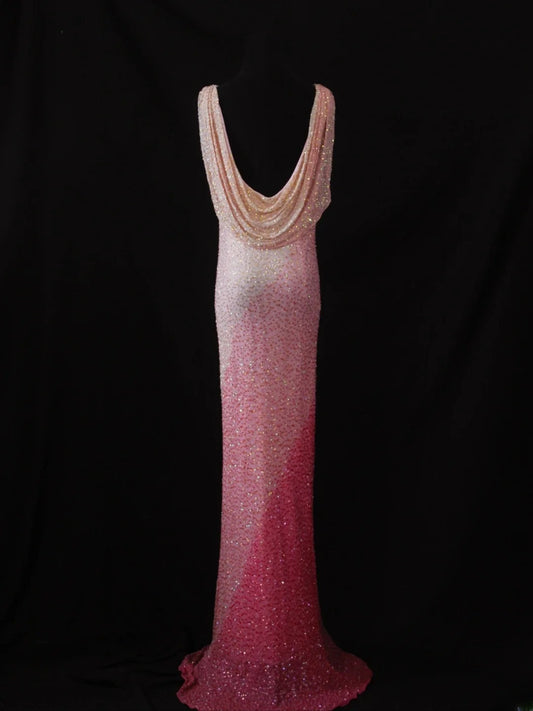 Robe de bal longue vintage rose et blanche à col bénitier style années 80, ornée de perles, idéale pour un anniversaire ou une soirée habillée (AS486).