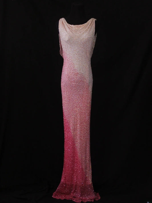 Robe de bal longue vintage rose et blanche à col bénitier style années 80, ornée de perles, idéale pour un anniversaire ou une soirée habillée (AS486).