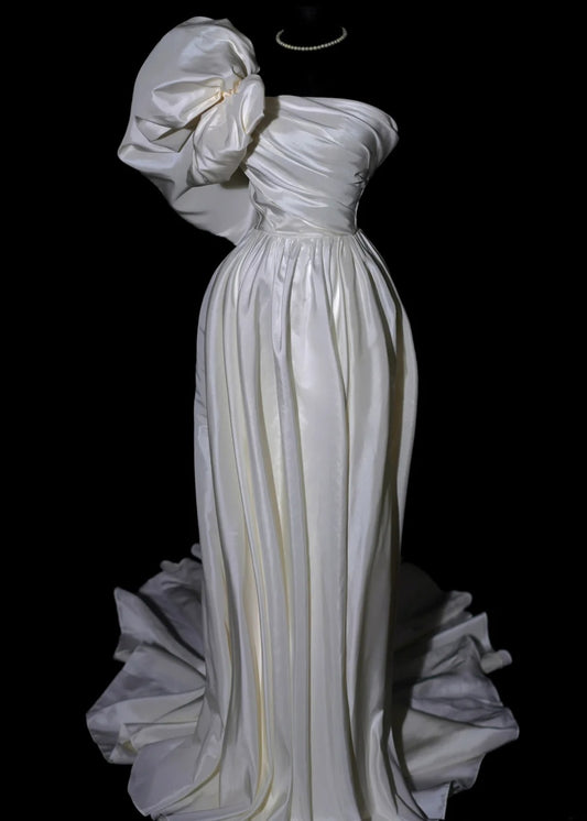 Modest Long Wedding Dresses A Line One Shoulder Satin Style For Bride With Pleated Bodice Train Bridal Dresses AS488