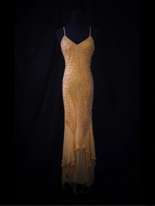 Robe de bal sirène vintage à fines bretelles en mousseline orange, style années 50, coupe asymétrique, idéale pour un 18e anniversaire ou une soirée habillée (AS490)