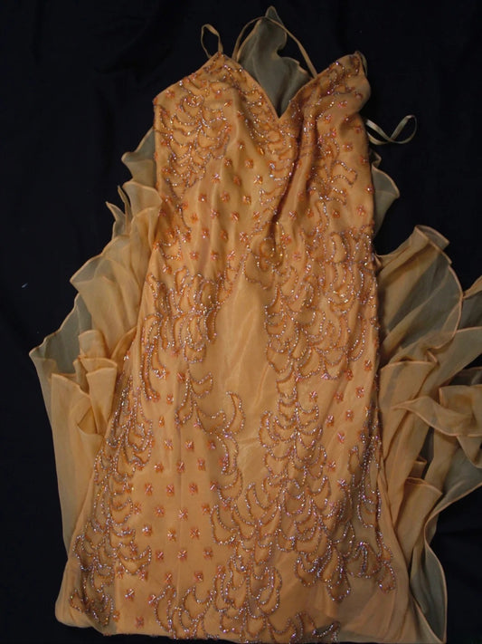 Robe de bal sirène vintage à fines bretelles en mousseline orange, style années 50, coupe asymétrique, idéale pour un 18e anniversaire ou une soirée habillée (AS490)