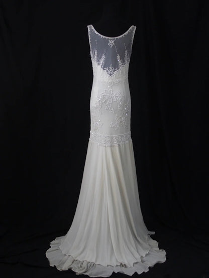 Retro 80er Jahre Meerjungfrauen-Kleid aus weißem Chiffon mit Perlenstickerei, langes Ballkleid, Inspiration für den 21. Geburtstag, formelles Kleid AS491