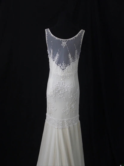 Retro 80er Jahre Meerjungfrauen-Kleid aus weißem Chiffon mit Perlenstickerei, langes Ballkleid, Inspiration für den 21. Geburtstag, formelles Kleid AS491