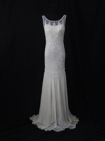 Retro 80er Jahre Meerjungfrauen-Kleid aus weißem Chiffon mit Perlenstickerei, langes Ballkleid, Inspiration für den 21. Geburtstag, formelles Kleid AS491