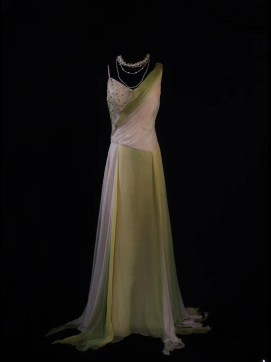 Retro 80s A line Irregular Neck Lilac Green Chiffon With Beadings Prom Dresses Inspo 22th Birthday Outfit Formal Dress AS496