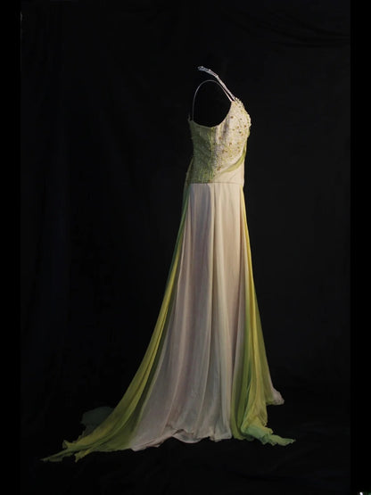 Retro-80er-Jahre-Kleid aus lilagrünem Chiffon mit A-Linie, asymmetrischem Ausschnitt und Perlenstickerei – Inspiration für den 22. Geburtstag – Abendkleid AS496