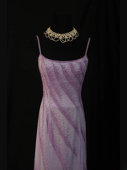 Vintage A line Spaghetti Straps Lilac Backless Chiffon 90s With Beads Prom Max Dresses Inspo 19th Birthday Outfit Formal Dress For Women AS497