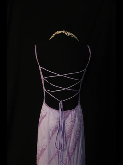 Vintage A line Spaghetti Straps Lilac Backless Chiffon 90s With Beads Prom Max Dresses Inspo 19th Birthday Outfit Formal Dress For Women AS497