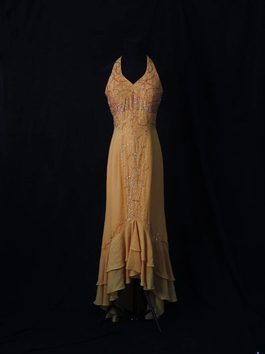 Retro 80s High Low Halter Orange Chiffon With Silver Beads Prom Dresses Inspo 22th Birthday Outfit Formal Dress AS498