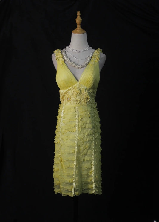 Vintage Sheath V Neck Yellow Tulle With Flowers 18th Birthday Dress Homecoming Dresses Cocktail Gown AS499