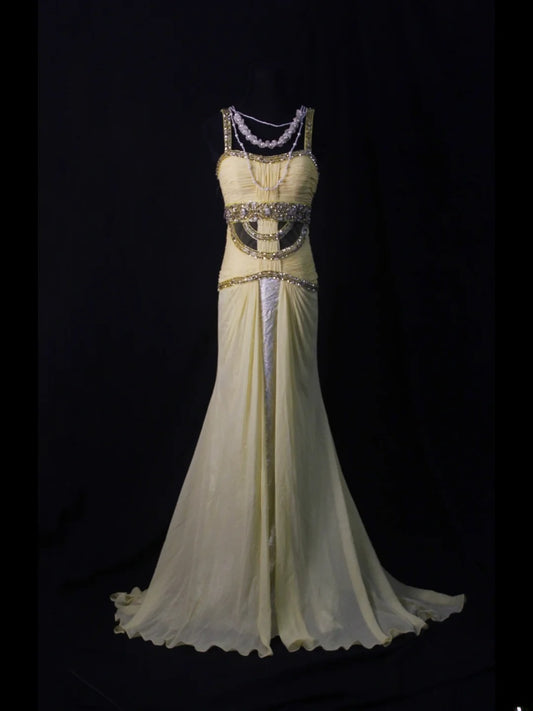 Retro 1950s Mermaid Straps Yellow Chiffon With Silver Beads Long Prom Dresses Inspo 22th Birthday Outfit Formal Dress AS500