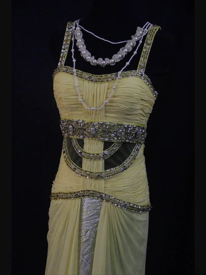Retro-Abendkleid im Stil der 1950er Jahre: Meerjungfrauen-Träger aus gelbem Chiffon mit silbernen Perlen – Inspiration für ein Outfit zum 22. Geburtstag (AS500)