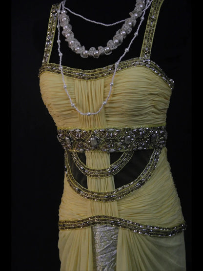 Retro-Abendkleid im Stil der 1950er Jahre: Meerjungfrauen-Träger aus gelbem Chiffon mit silbernen Perlen – Inspiration für ein Outfit zum 22. Geburtstag (AS500)