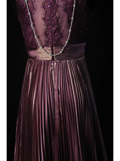 Vintage A-Linien-Kleid in Altlila aus den 1950er Jahren mit Perlen, plissiertem Oberteil, langes Ballkleid, Inspiration für den 18. Geburtstag, formelles Abendkleid AS501