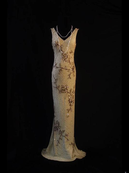 Robe de bal longue sirène vintage années 1950, col en V, sequins dorés et perles, inspiration années 1950, tenue de soirée pour un 18e anniversaire, AS502