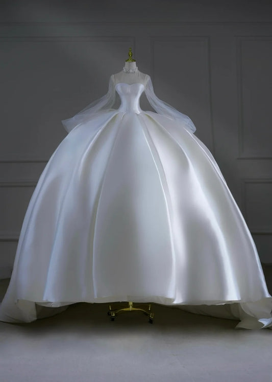 Princess Long Wedding Gowns Ball Gown High Neck Long Sleeves Pleated Satin for Bride With Train White Bridal Dress AS507