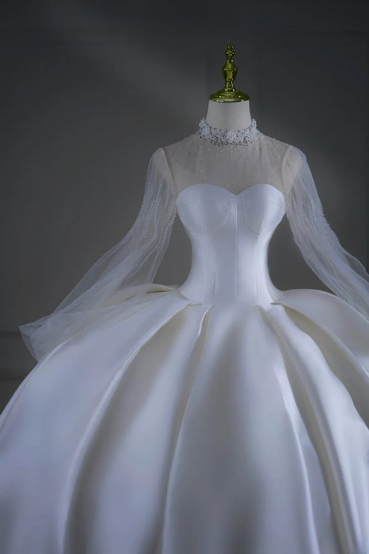 Princess Long Wedding Gowns Ball Gown High Neck Long Sleeves Pleated Satin for Bride With Train White Bridal Dress AS507