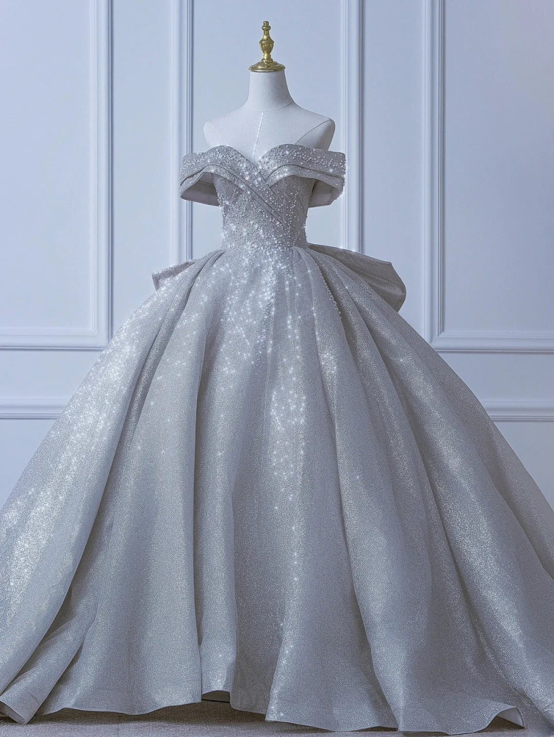Modest Long Wedding Dresses Ball Gown Off The Shoulder Sequin Style For Bride With Pleated Bodice Train Bridal Dresses AS552