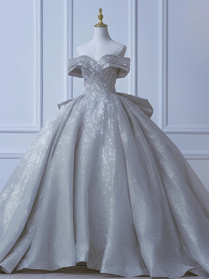 Modest Long Wedding Dresses Ball Gown Off The Shoulder Sequin Style For Bride With Pleated Bodice Train Bridal Dresses AS552