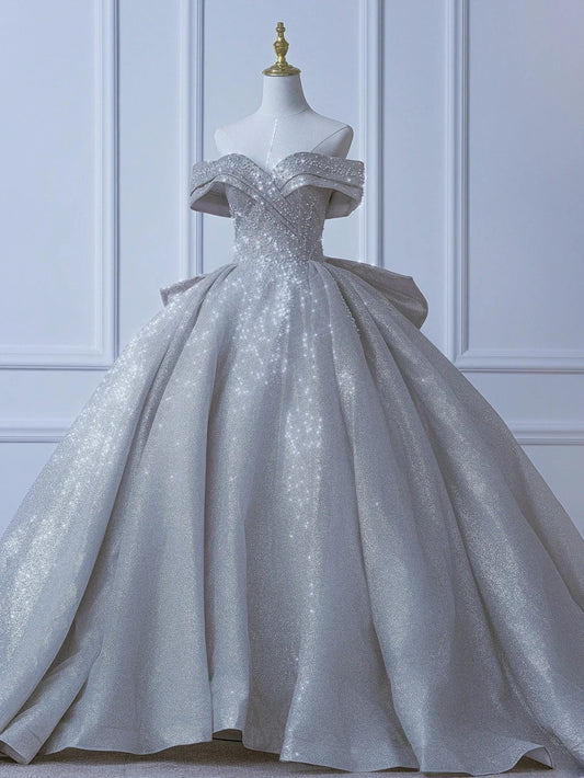 Modest Long Wedding Dresses Ball Gown Off The Shoulder Sequin Style For Bride With Pleated Bodice Train Bridal Dresses AS552