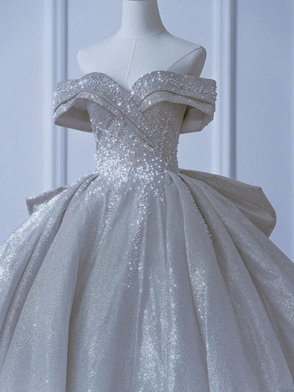 Modest Long Wedding Dresses Ball Gown Off The Shoulder Sequin Style For Bride With Pleated Bodice Train Bridal Dresses AS552