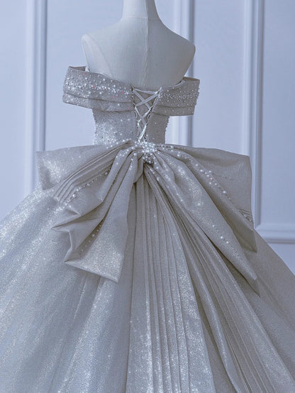 Modest Long Wedding Dresses Ball Gown Off The Shoulder Sequin Style For Bride With Pleated Bodice Train Bridal Dresses AS552