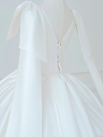 Prinzessinnen-Brautkleid, langes Ballkleid, V-Ausschnitt, ärmellos, plissiert, Satin, mit Schleppe, weißes Brautkleid AS554