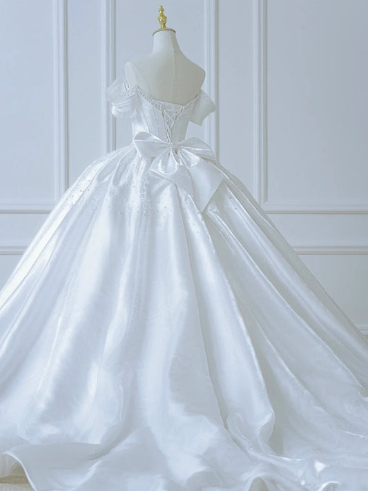 Modest Long Wedding Dresses Ball Gown Off The Shoulder White Satin Style For Bride With Pleated Bodice Train Bridal Dresses AS555