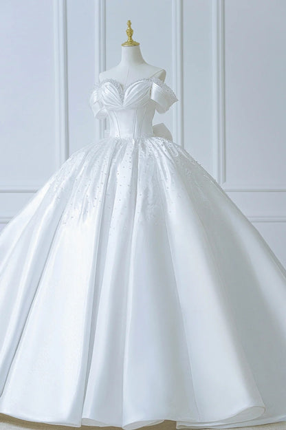 Modest Long Wedding Dresses Ball Gown Off The Shoulder White Satin Style For Bride With Pleated Bodice Train Bridal Dresses AS555