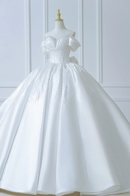 Modest Long Wedding Dresses Ball Gown Off The Shoulder White Satin Style For Bride With Pleated Bodice Train Bridal Dresses AS555