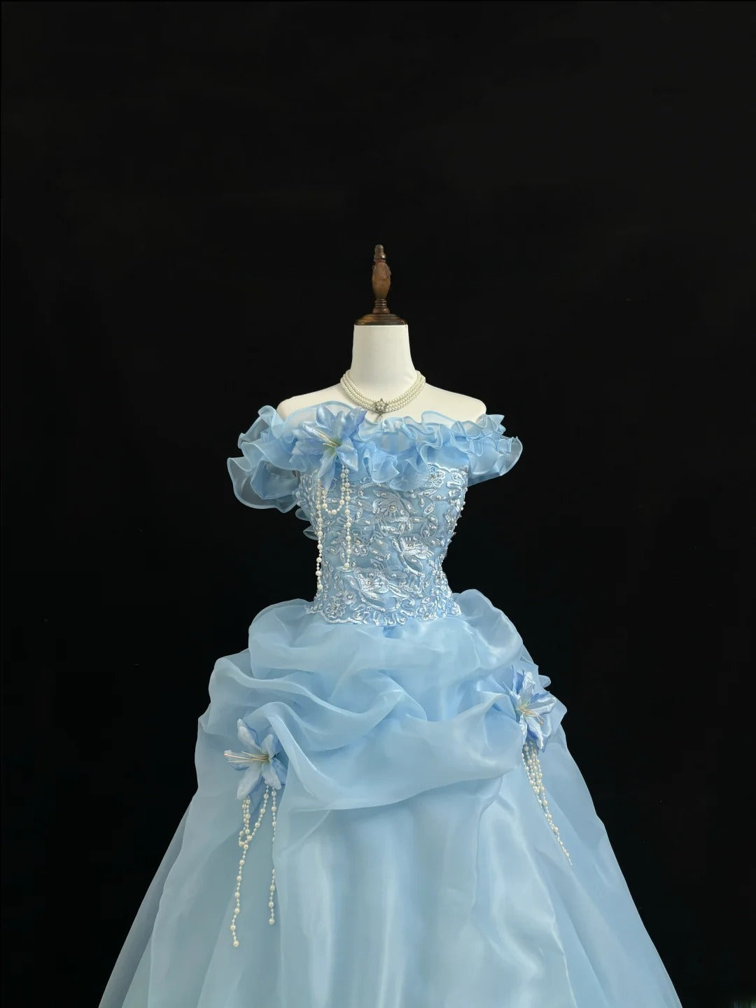 Princess Ball Gown Off The Shoulder Blue With Lace Sleeves Long Quince Dress Voluminous Sweet 16 Sweet Sixteen Outfits Vestido de 15 RB7551