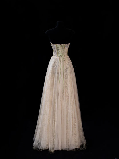 Elegant A line Strapless Champagne Tulle Lace Long Formal Fancy Evening Dresses Dinner Outfits Classy Party Gowns AS583