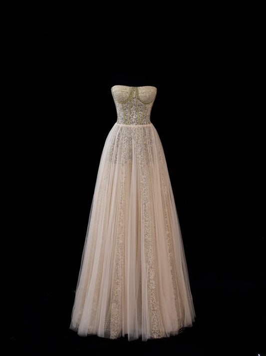 Elegant A line Strapless Champagne Tulle Lace Long Formal Fancy Evening Dresses Dinner Outfits Classy Party Gowns AS583