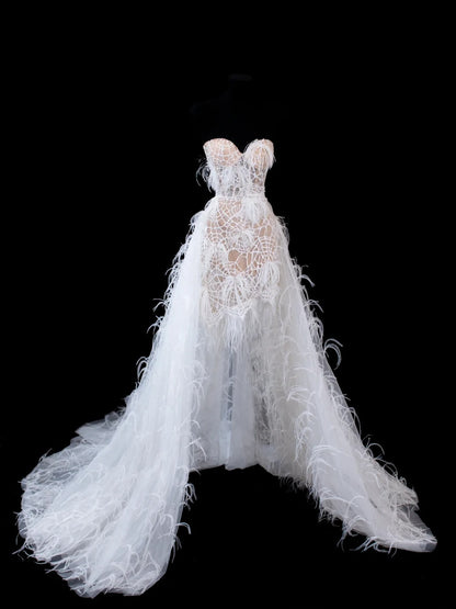 Timeless Women's A Line Strapless Sleeveless White Lace With Feathers Short Vintage Fitted 1920s Wedding Dresses AS584