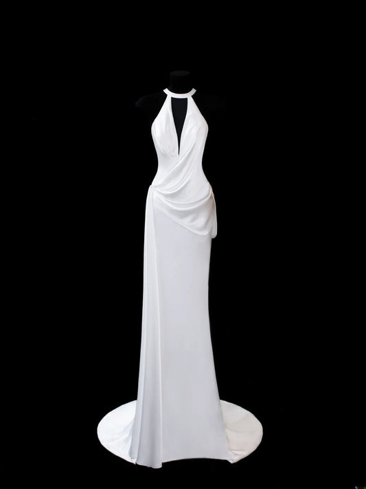 Timeless Women's Sheath Scoop Sleeveless White Satin With Backless Long Vintage Fitted 1920s Wedding Dresses AS586
