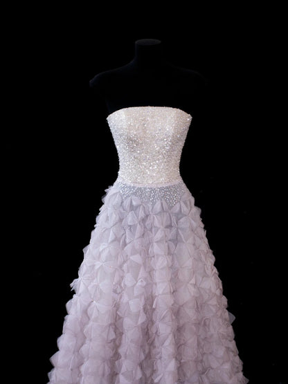 Elegant Ball Gown Strapless Lilac Tulle With Beads Long Formal Fancy Evening Dresses Dinner Outfits Classy Party Gowns AS592