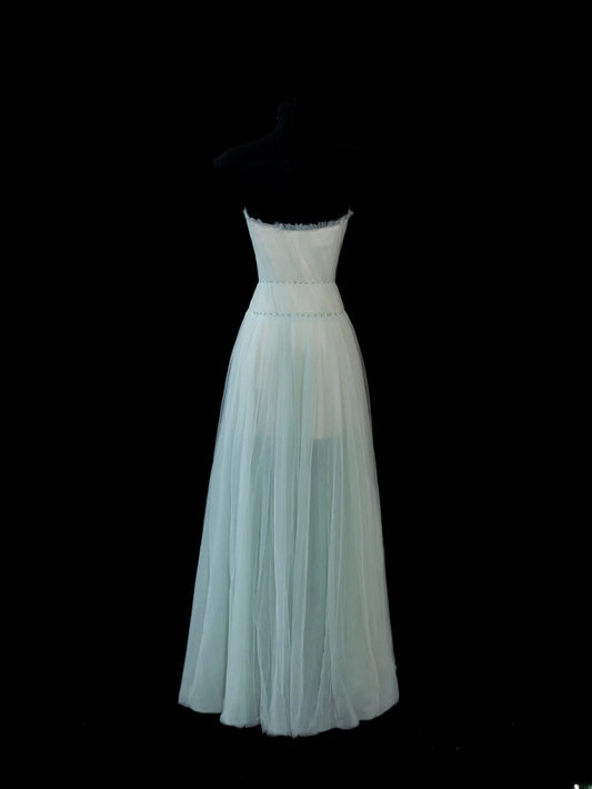 A Line Sweetheart Sleeveless Mint Green Tulle With Beads Long Formal Fancy Evening Dresses Dinner Outfits Classy Party Gowns AS593