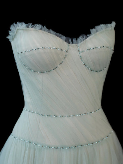A Line Sweetheart Sleeveless Mint Green Tulle With Beads Long Formal Fancy Evening Dresses Dinner Outfits Classy Party Gowns AS593