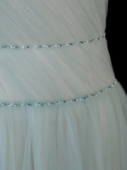 A Line Sweetheart Sleeveless Mint Green Tulle With Beads Long Formal Fancy Evening Dresses Dinner Outfits Classy Party Gowns AS593