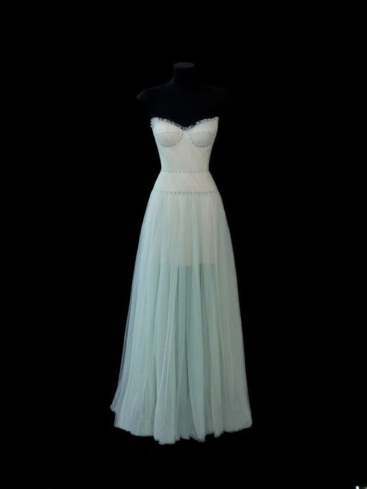A Line Sweetheart Sleeveless Mint Green Tulle With Beads Long Formal Fancy Evening Dresses Dinner Outfits Classy Party Gowns AS593