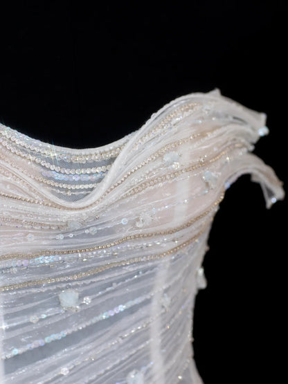 Robe de mariée vintage intemporelle pour femme, coupe trapèze, décolleté cœur, sans manches, en tulle blanc orné de perles, style années 1920, AS596