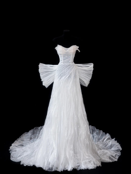 Timeless Women's A line Sweetheart Sleeveless White Tulle With Beads Fitted Long Vintage 1920s Wedding Dresses AS596
