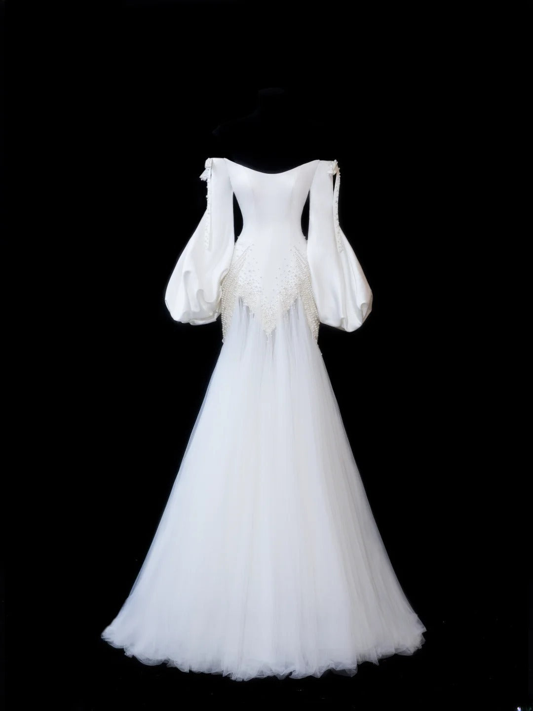 Timeless Women's Mermaid Off The Shoulder Long Sleeves White Satin With Beads Fitted Long Vintage 1920s Wedding Dresses AS597