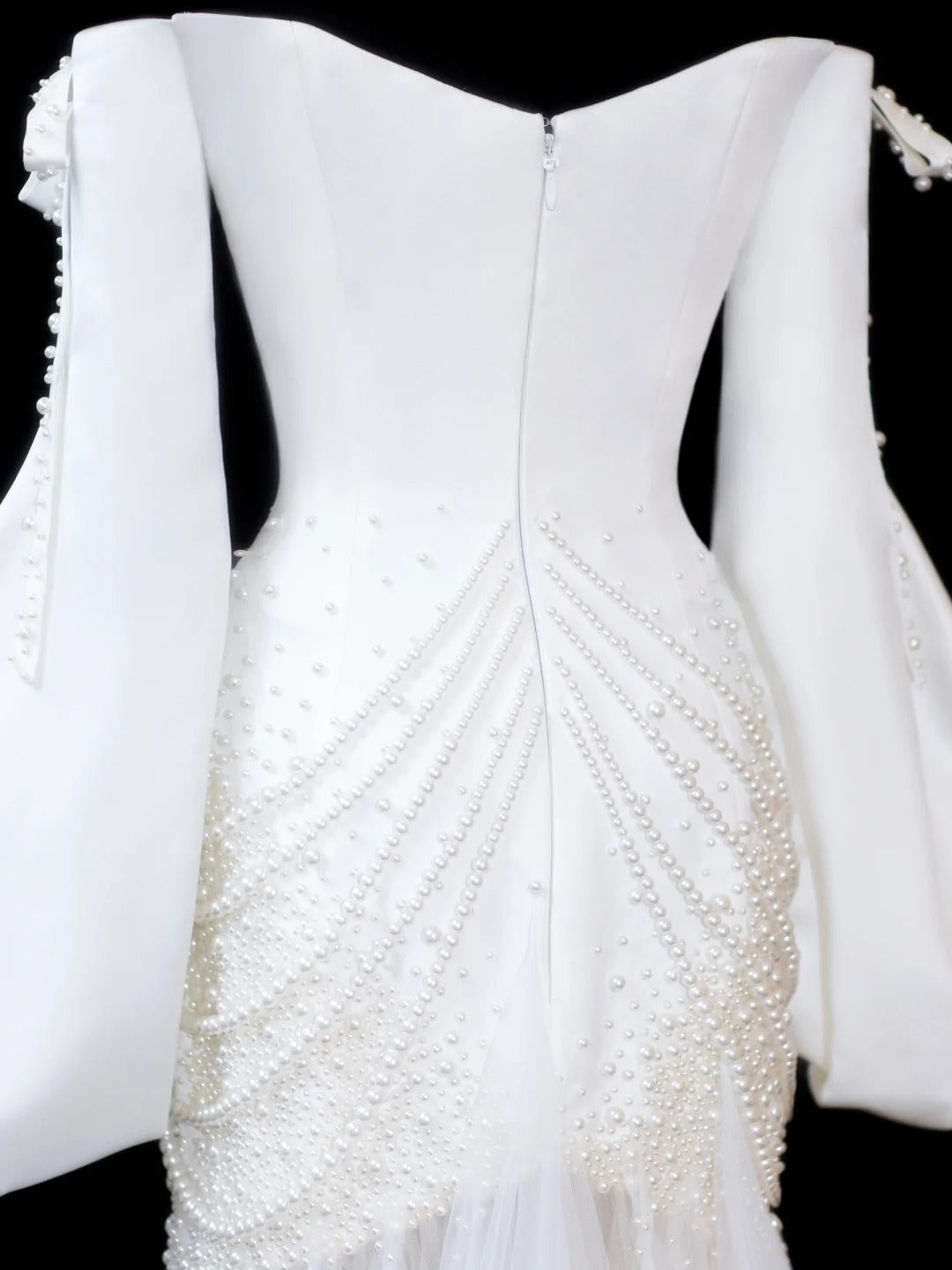 Timeless Women's Mermaid Off The Shoulder Long Sleeves White Satin With Beads Fitted Long Vintage 1920s Wedding Dresses AS597