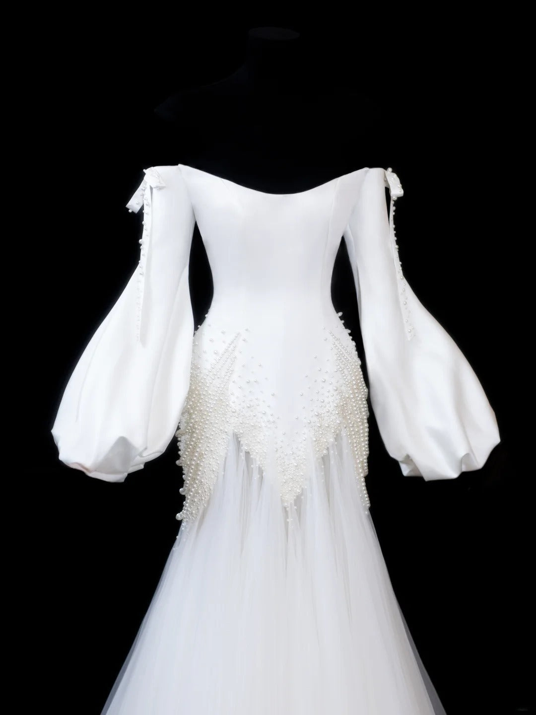 Timeless Women's Mermaid Off The Shoulder Long Sleeves White Satin With Beads Fitted Long Vintage 1920s Wedding Dresses AS597