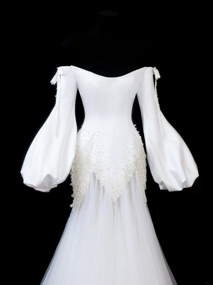 Timeless Women's Mermaid Off The Shoulder Long Sleeves White Satin With Beads Fitted Long Vintage 1920s Wedding Dresses AS597
