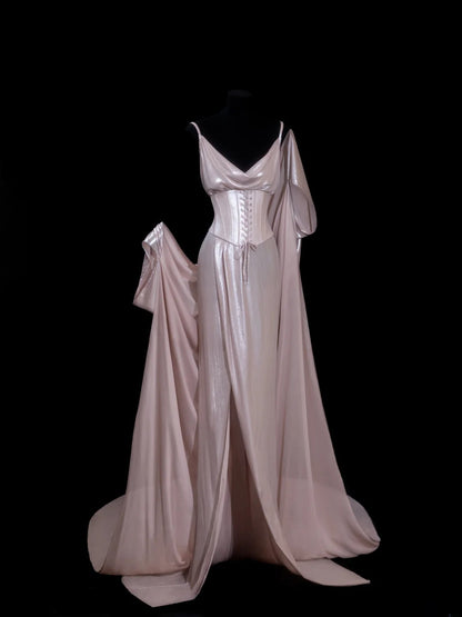 Chic Formal Mermaid Spaghetti Strap Pink Satin With Slit Cape Style Impress Long Prom Dresses Party Gowns AS600